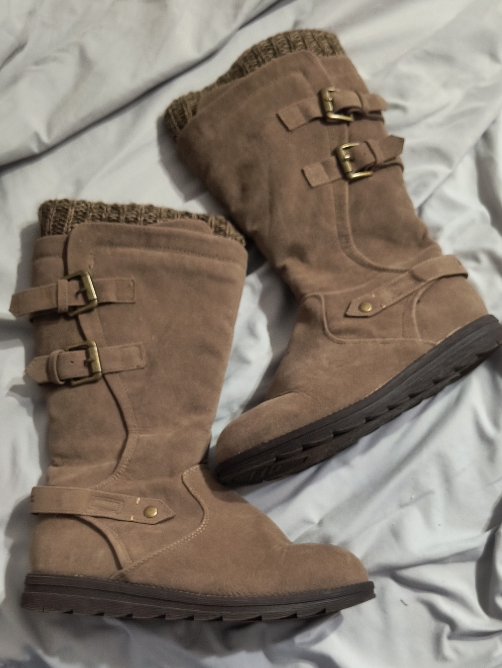 Muk Luks Taupe Suede Mid-Calf Heeled Boots with Knit Cuff and Buckles